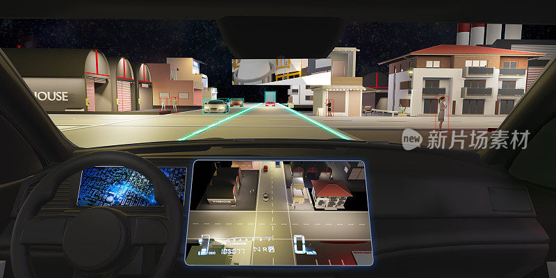 Auto Pilot汽车无人驾驶物体检测传感器数字速度计自动驾驶汽车自动驾驶汽车UGV高级驾驶员辅助系统3d插图